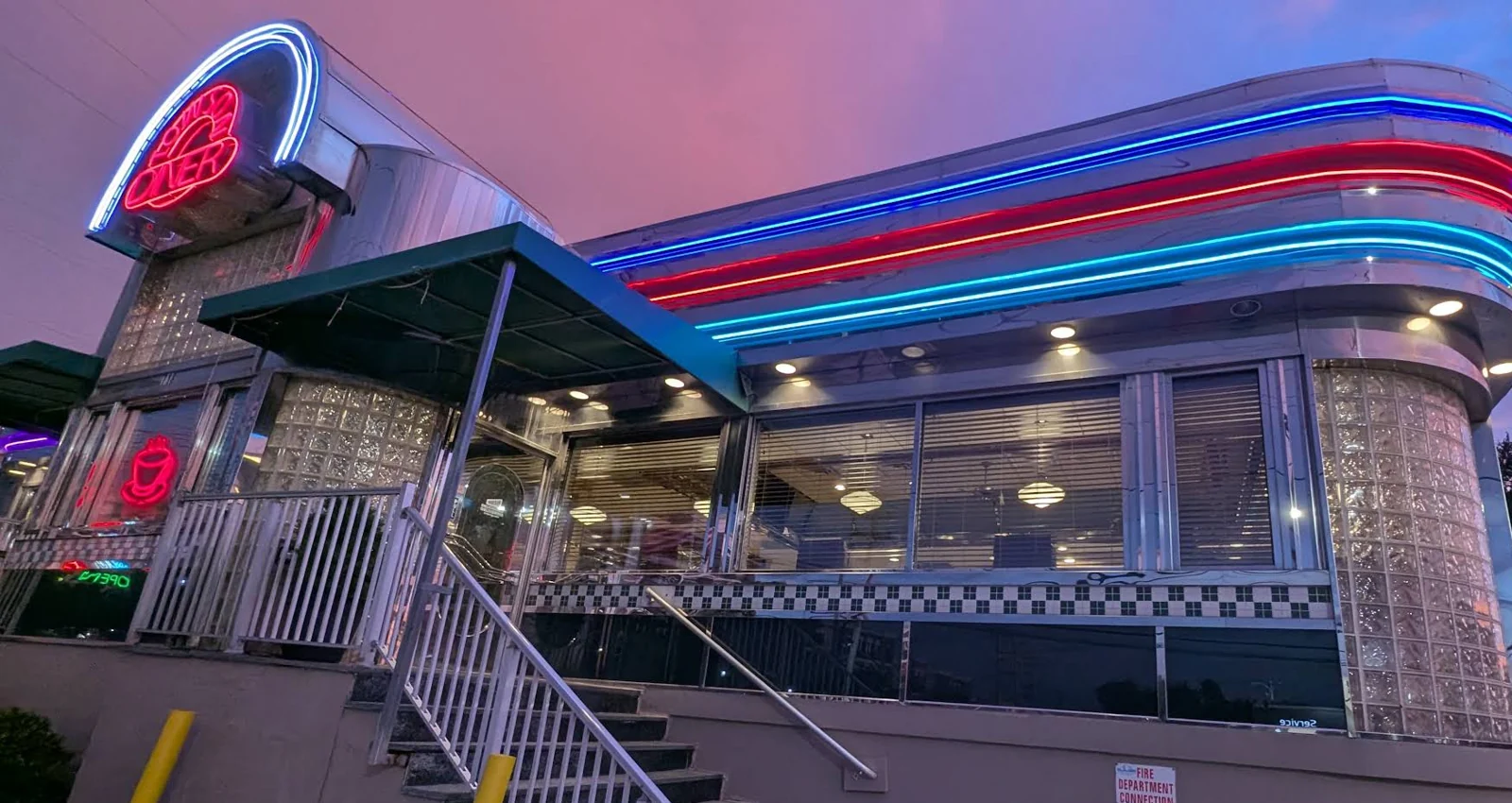 Neon lights on the chrome facade of Towson Diner